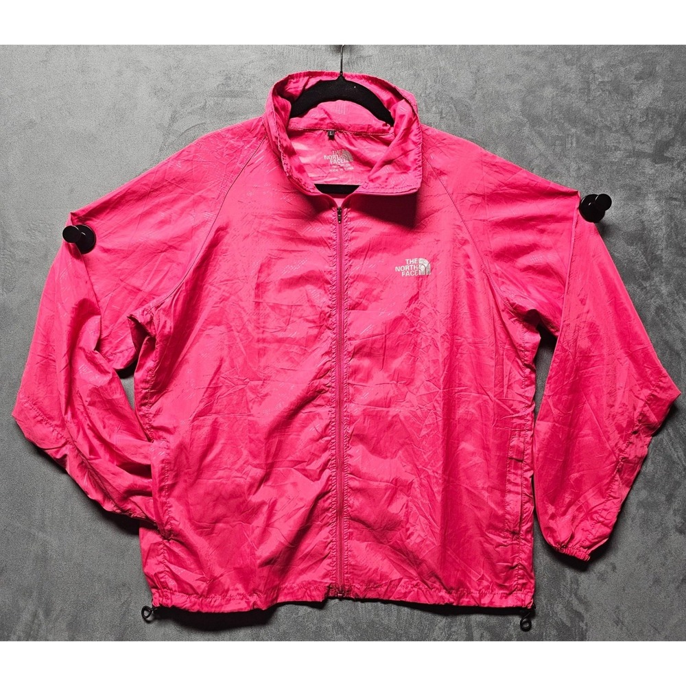 The North Face Pink Windbreaker Jacket Womens Large Full Zip Stowaway Hood Nylon